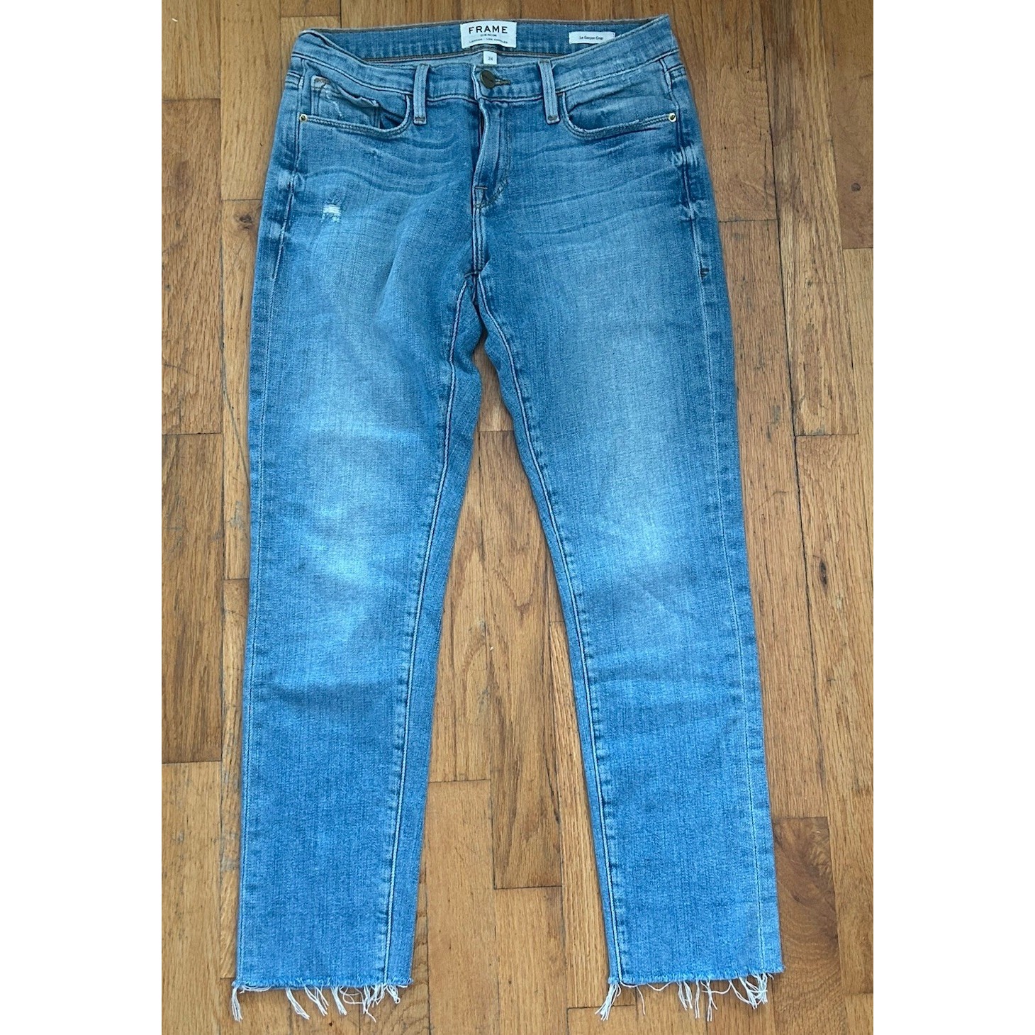 Frame Le Garon Crop Jeans Size 24 Light Wash Raw Hem Slim Boyfriend Denim